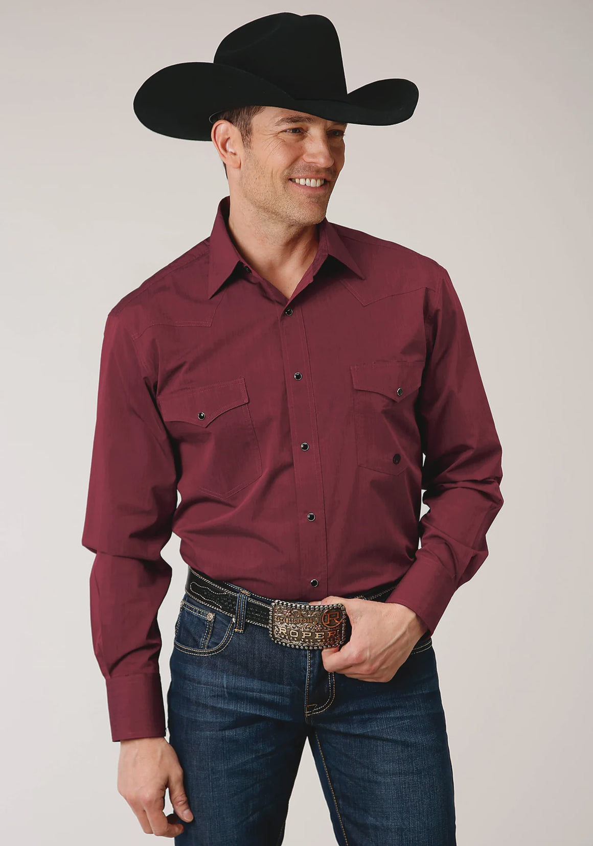 Roper Men's Long Sleeve Snap Black Fill Solid Wine Western Shirt