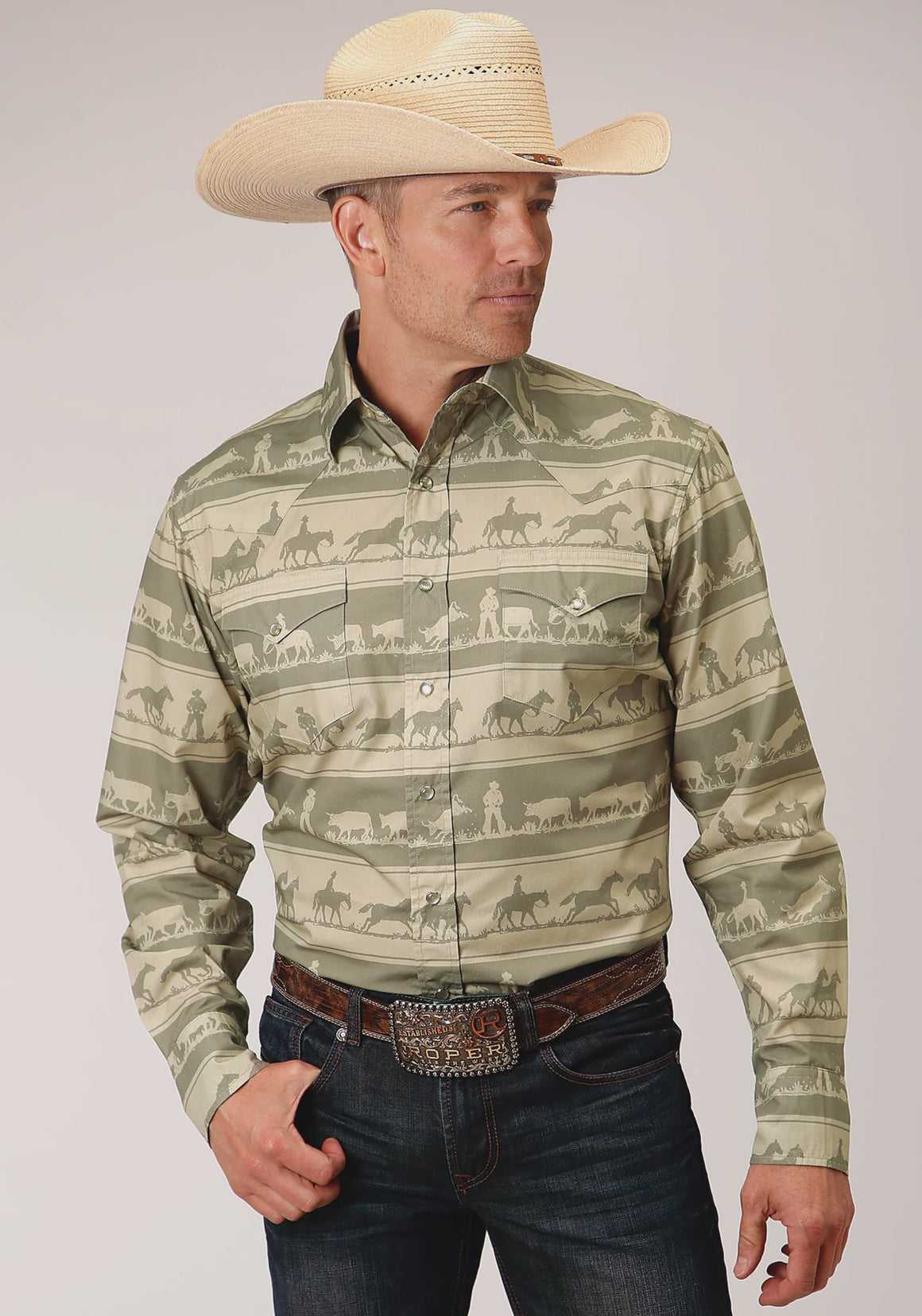 Roper Men's Long Sleeve Snap Cowboy Rugby Horizontal Print