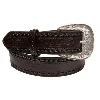 AndWest 1.5" Men's Leather Belt With Double Twisted Laced Buckle and Tooling